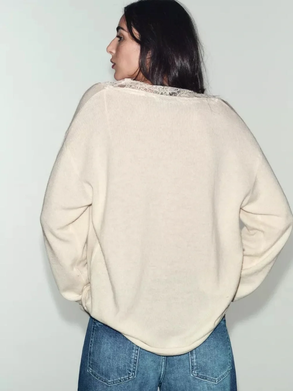 Zara Lace-Trim V-Neck Sweater in Cream - Picture 5 of 10